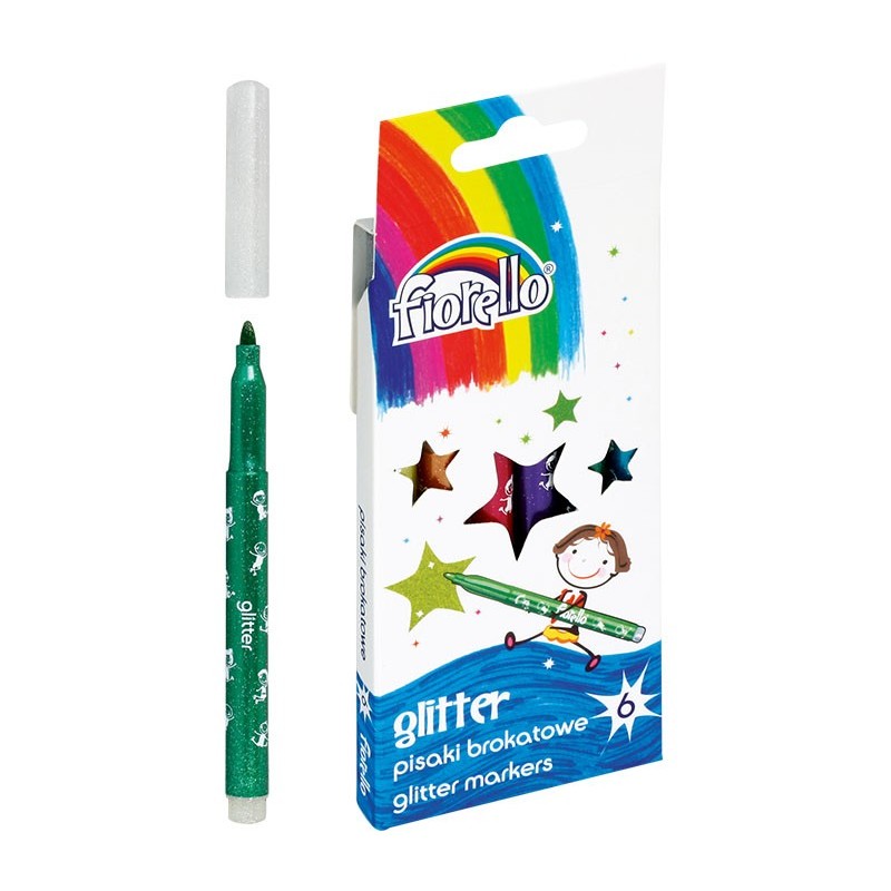 Marker cu vopsea Fiorello GR-118, varf rotund, 1.5mm, set 6 culori cu sclipici (galben, orange, rosu, mov, verde, albastru)