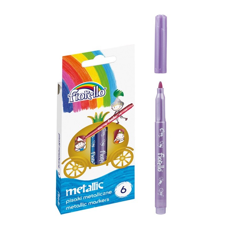 Marker cu vopsea Fiorello GR-129, varf rotund, 1.0-3.0mm, set 6 culori metalizate (galben, orange, rosu, mov, verde, albastru)