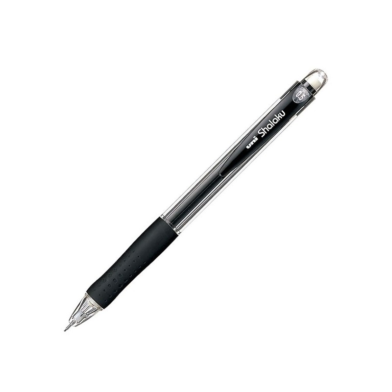 Creion mecanic UNI Shalaku M5-100, 0.5mm, grip cauciucat, corp transparent negru, cu guma de sters