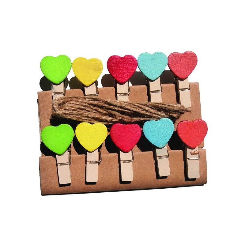 Accesorii creatie - lemn - carlig natur cu inimioare + sfoara, set 10 buc, Colorarte