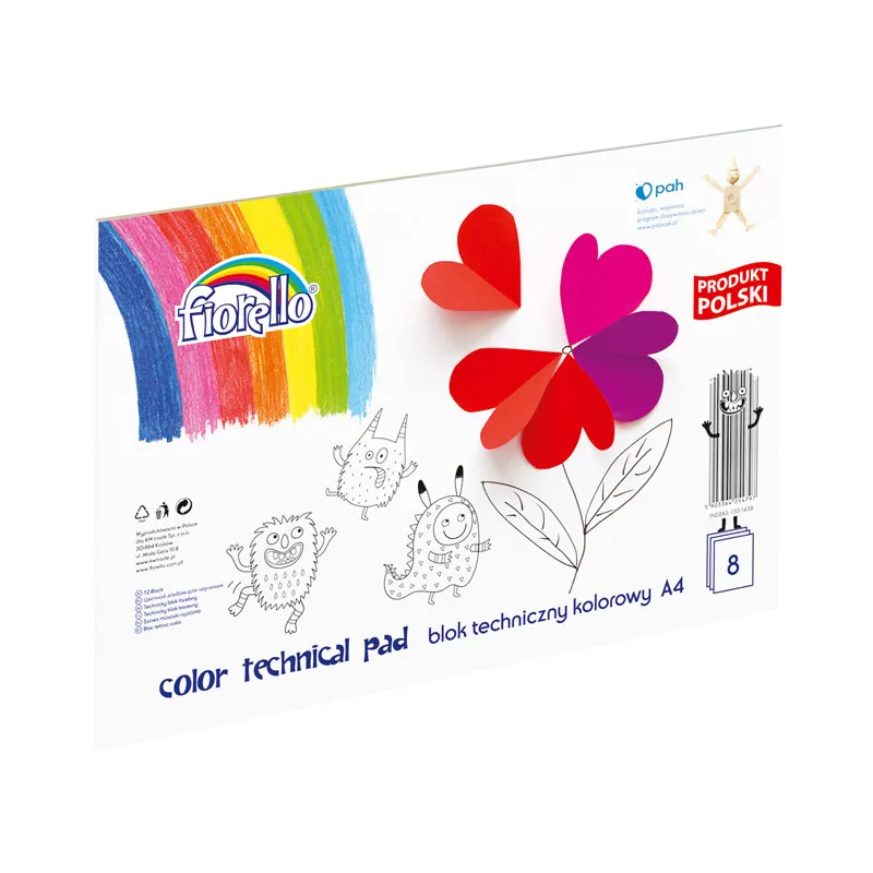 Bloc tehnic colorat A4 Fiorello 150-1438, 160g/mp, mix diverse culori, set 8 file