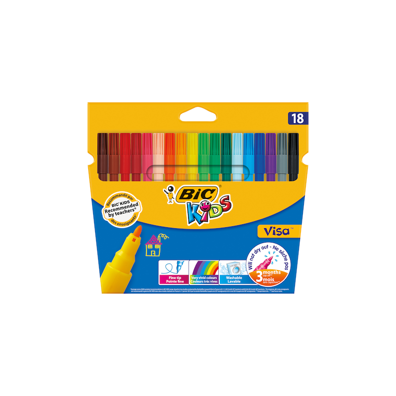 Carioci colorate Bic Kids Visa 811985, 18 culori, lavabile, blister carton