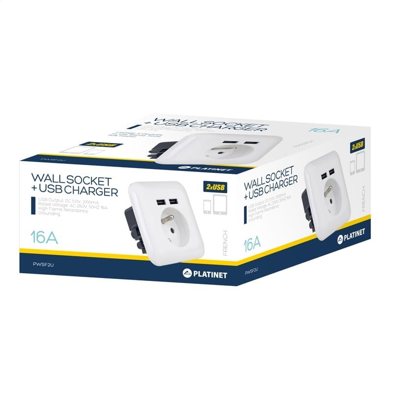 Priza de perete Platinet French, cu 2x USB, incarcare rapida, impamantare, input 250V 16A, output 5V 2.1A, alb, PWSF2U, 43964