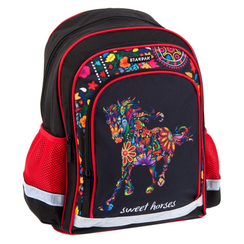Ghiozdan Starpak Sweet Horses 2, 3 comparimente, 2 buzunare, negru cu rosu, 396187