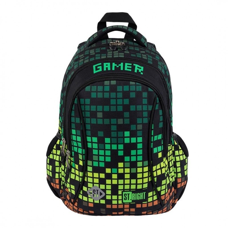 Ghiozdan St.Majewski St.Right Pixel Gamer, 3 compartimente, 2 buzunare, negru cu verde si maro, BP-26 / 45273