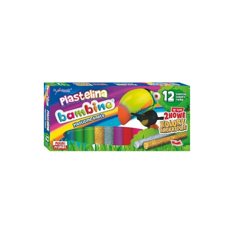Plastilina Bambino 1710, diverse culori + auriu si argintiu cu sclipici, set 12 culori