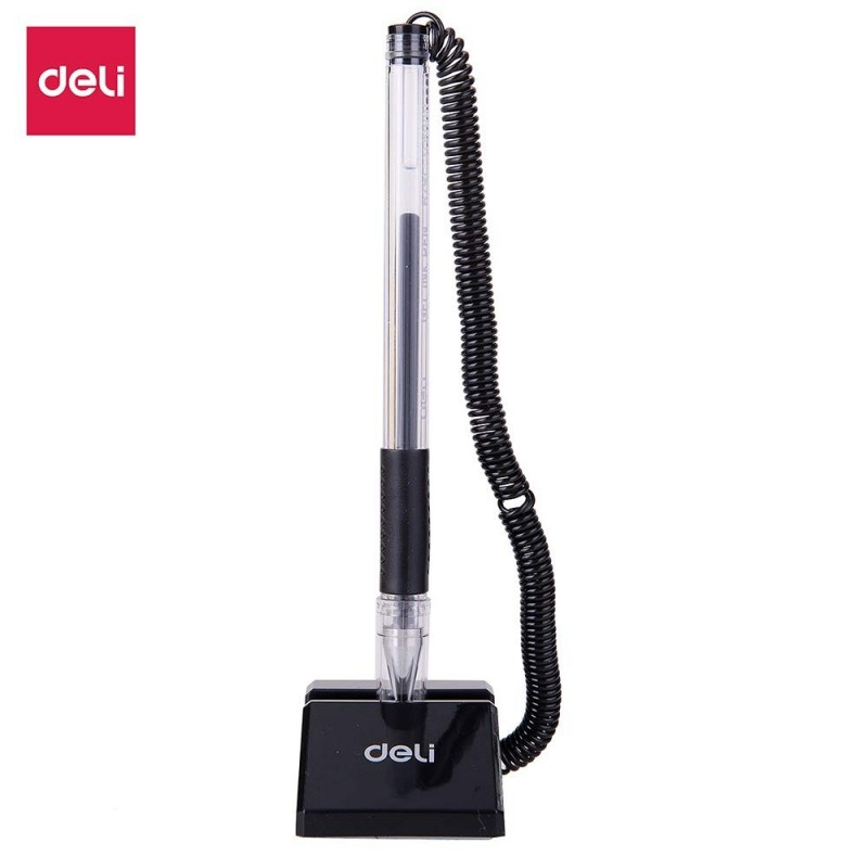 Pix cu bila Deli 6791, 0.5mm, cu suport birou, corp transparent, grip cauciucat, scris negru