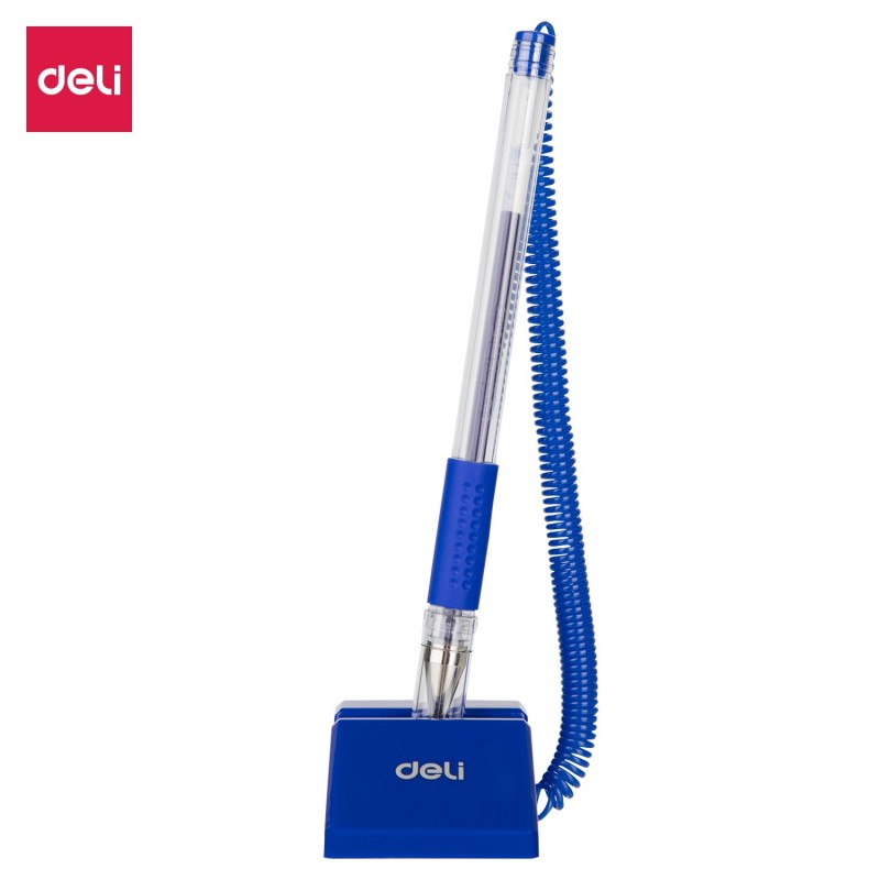 Pix cu bila Deli 6791, 0.5mm, cu suport birou, corp transparent, grip cauciucat, scris albastru