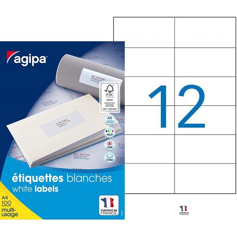 Etichete autocolante Agipa 101032, 12/A4, 105x49.39mm, permanente, colturi drepte, alb, top 100 coli (1200 etichete)