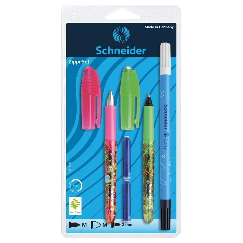 Set Stilou + Roller + Corector Schneider Zippi 4137 RV, penita iridium M, alimentare rezerve, blister (+2 rezerve)