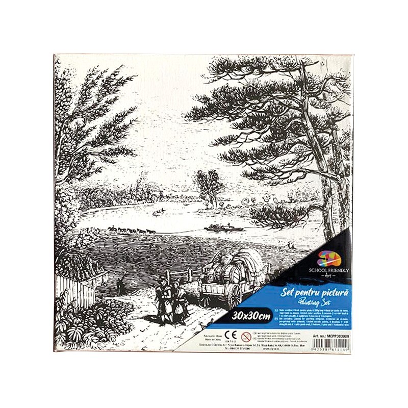 Set Pictura pe panza imprimata 30x30cm, Pigna - Peisaj rural - cadru de lemn, acuarele, pensule, accesorii, PP303009
