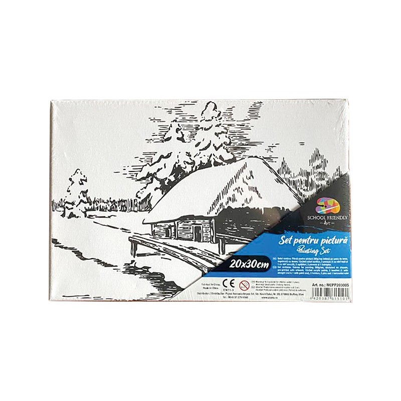 Set Pictura pe panza imprimata 20x30cm, Pigna - Peisaj iarna - cadru de lemn, acuarele, pensule, accesorii, PP203005
