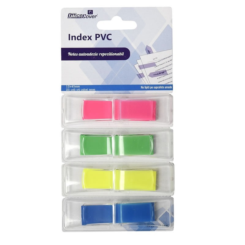 Notes adeziv index Office Cover SN5412, 100 coli, 12x45mm, PVC, 4 culori neon, PopUp