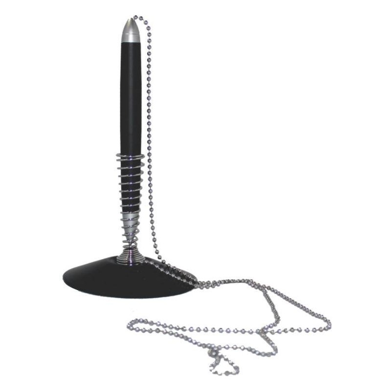 Pix cu bila CNX 138892, cu suport birou, baza rotunda, cu lant metalic, corp negru, scris albastru