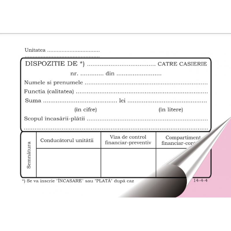 Tipizat - dispozitie casierie - A6, 2 exemplare, autocopiativ, carnet 50 seturi