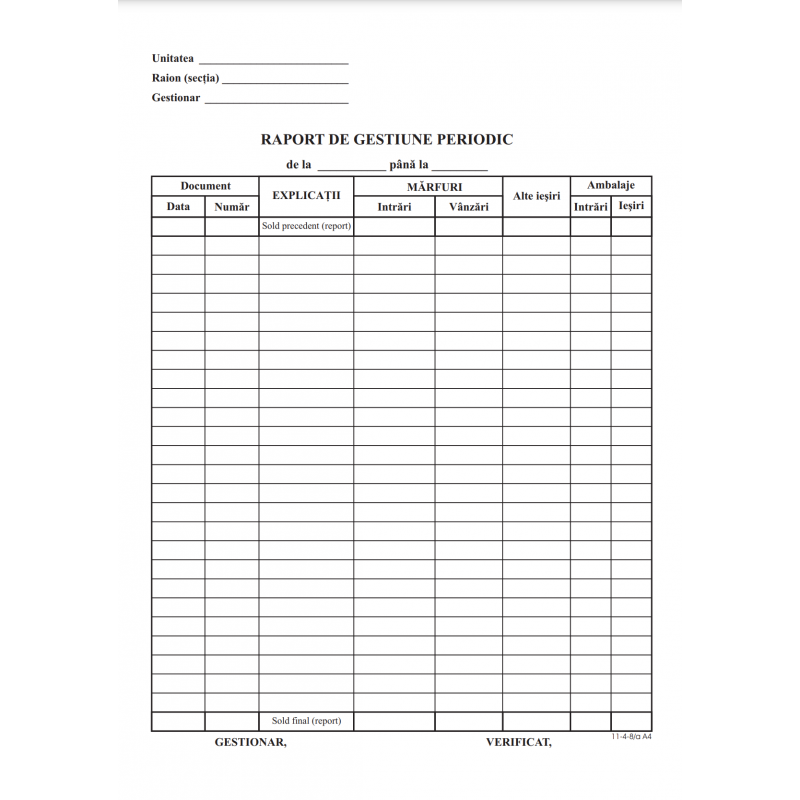 Tipizat - raport gestiune periodic - A4, portret, simplu, carnet 100 file