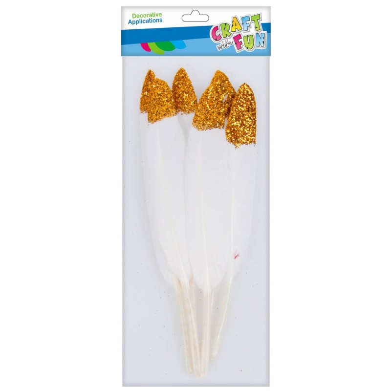 Accesorii creatie - pene, alb, 12-15cm, cu sclipici auriu, set 6 buc, Craft with Fun, 463663/664