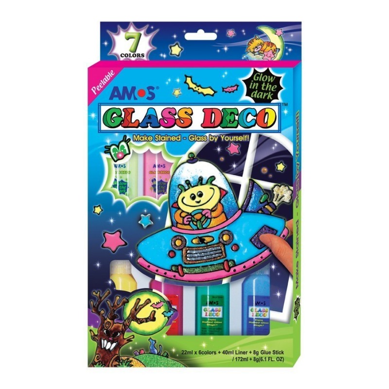 Set creativ, 1 fosforecent, 1 roz neon, 4 culori si accesorii, Amos, Glow in the Dark, GD22P7R