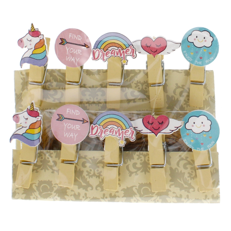 Accesorii creatie - lemn - carlig color unicorn / inima / sageata / nor, set 10 buc, Craft With Fun, 439345