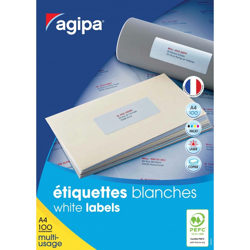 Etichete autocolante Agipa 101128, 33/A4, 70x25mm, permanente, colturi drepte, alb, top 100 coli (3300 etichete)