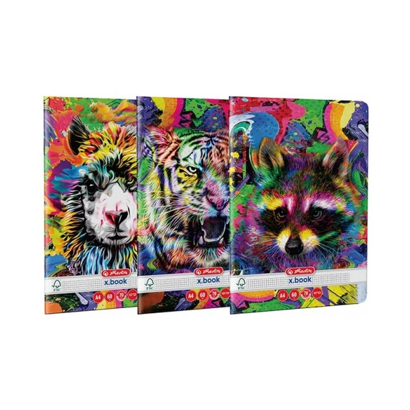 Caiet scolar A4 Herlitz X.Book Color Animals, 60 file, matematica, colturi rotunjite, 70g/mp, FSC, 9491970