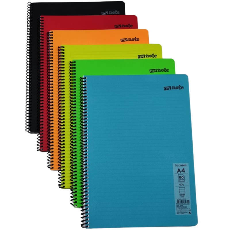Caiet cu spirala A4 Mynote Flex Neon, 80 file, dictando, colturi rotunjite, coperta plastic, diverse culori, MFXNE-A480-C