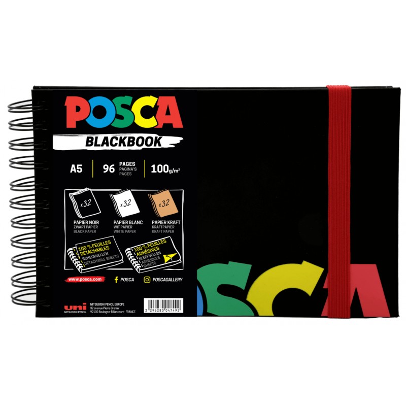 Sketchbook UNI Posca, A5, 96pag, cu spira, 3 tipuri de hartie (negru / alb / kraft) 100g/m2