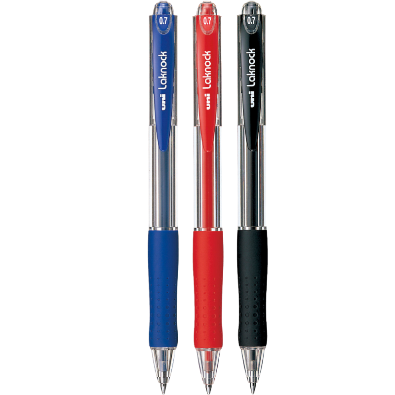 Pix cu bila Uni-ball Laknock SN-100, 0.7mm, cu mecanism, corp transparent, grip cauciucat in culoarea scrisului