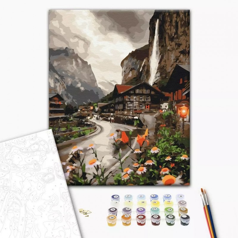 Set Pictura pe numere 40x50cm, Brushme - Zona montana in Elvetia - panza, cadru de lemn, pensule, culori acrilice, BS36527