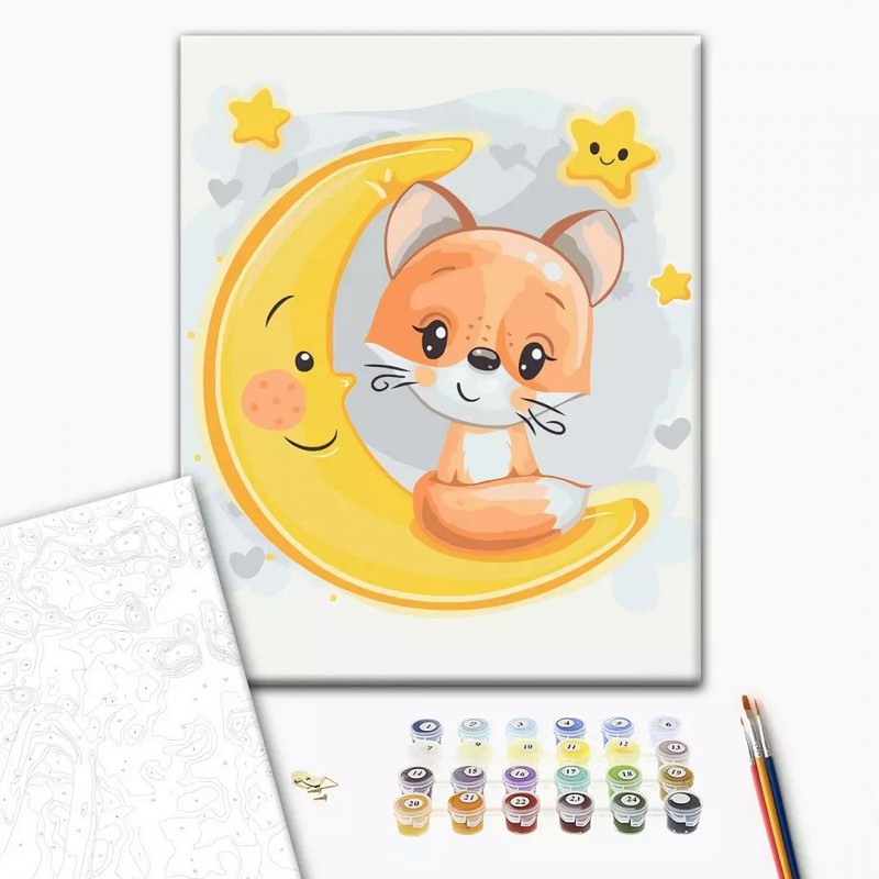 Set Pictura pe numere 30x40cm, Brushme - Vulpita pe luna - panza, cadru de lemn, pensule, culori acrilice, KBS0108