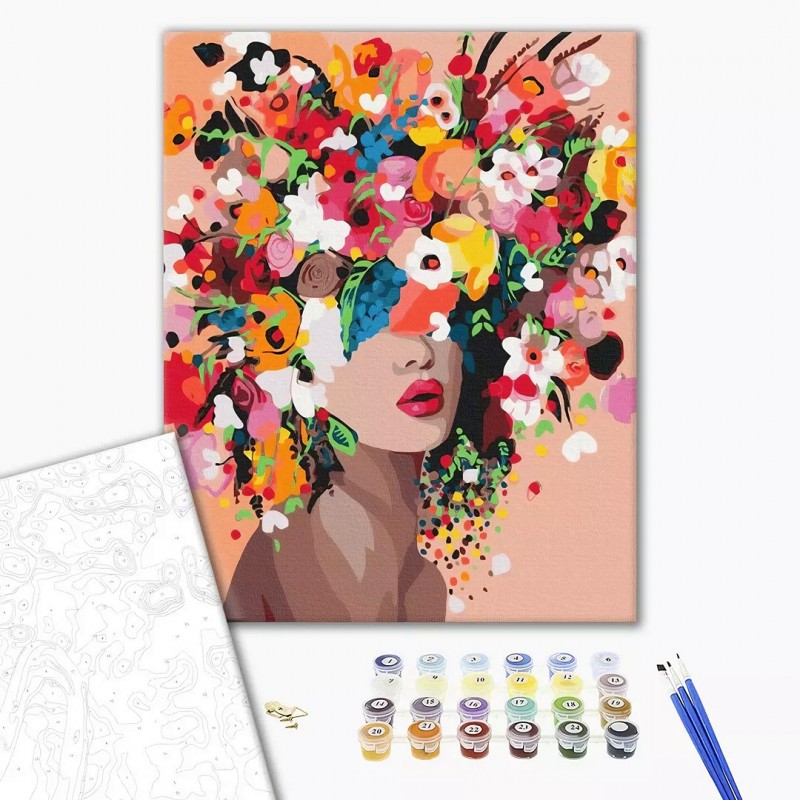 Set Pictura pe numere 40x50cm, Brushme - Coafura femeie cu flori - panza, cadru de lemn, pensule, culori acrilice, BS41053