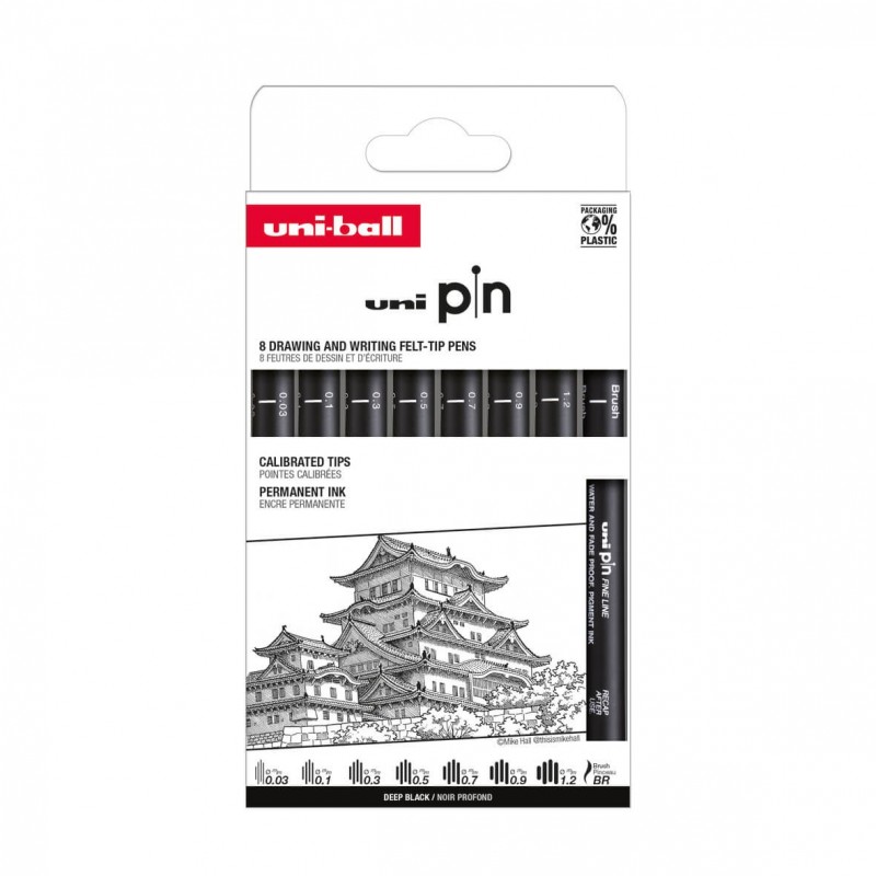 Set 8x Liner UNI PIN-200 ASP010, pe baza de apa, varf 0.03-1.2mm + pensula, negru