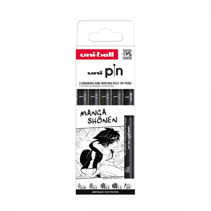 Set 5x Liner UNI PIN-200 ASP013, pe baza de apa, varf 0.05-1.2mm + pensula, negru