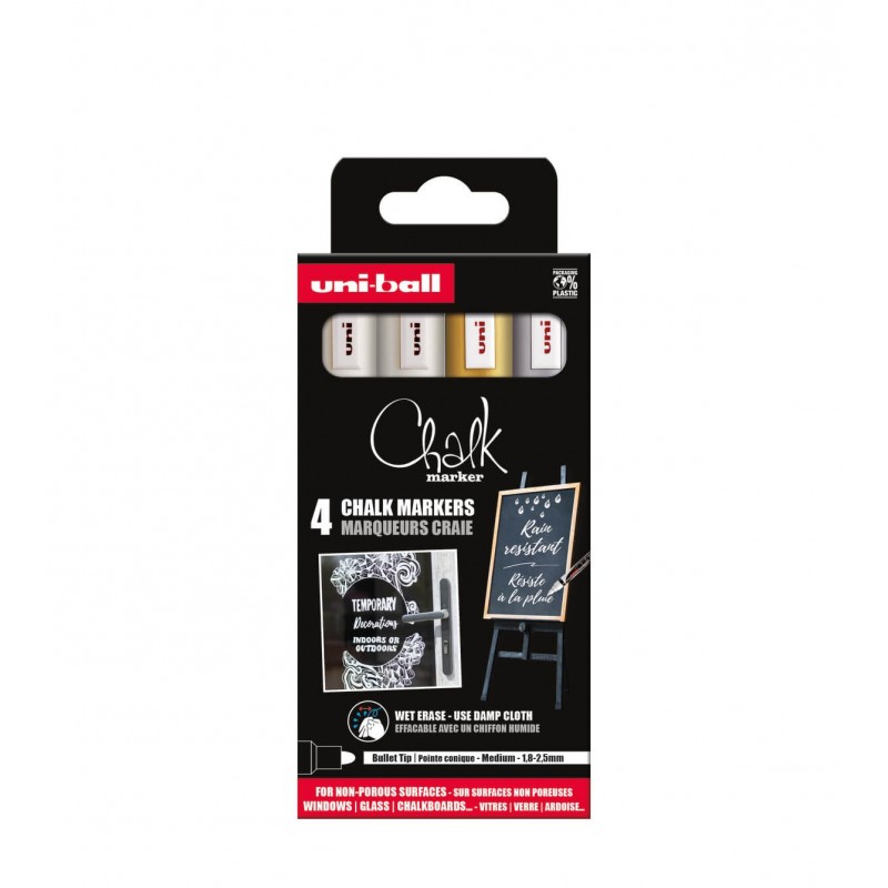 Set 4x Marker cu creta UNI Chalk PWE-5M ASSF46, 1.8-2.5mm, alb, auriu, argintiu