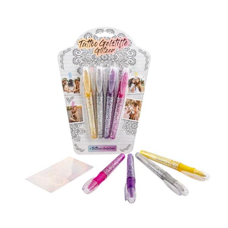 Pix cu gel Trendhaus CH28397, pentru tatuaje cu sclipici, set 4 culori, include sablon