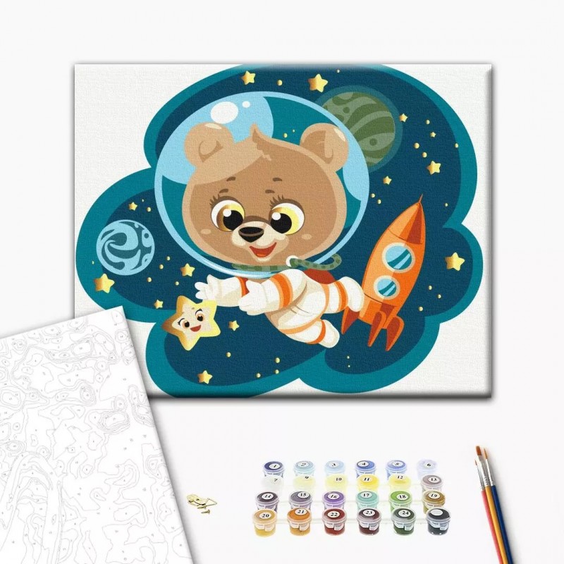 Set Pictura pe numere 30x40cm, Brushme - Ursulet in spatiu - panza, cadru de lemn, pensule, culori acrilice, KBS0092