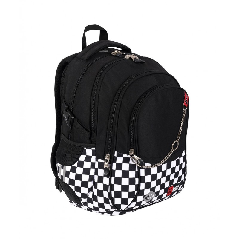 Ghiozdan St.Majewski St.Right Pop Chain, 42cm, 4 compartimente, negru cu alb, 653605