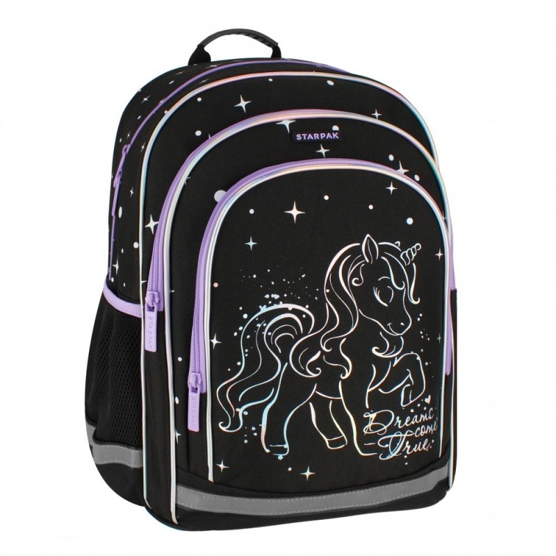 Ghiozdan Starpak Unicorn Holo, 39cm, 3 compartimente, negru, 527184