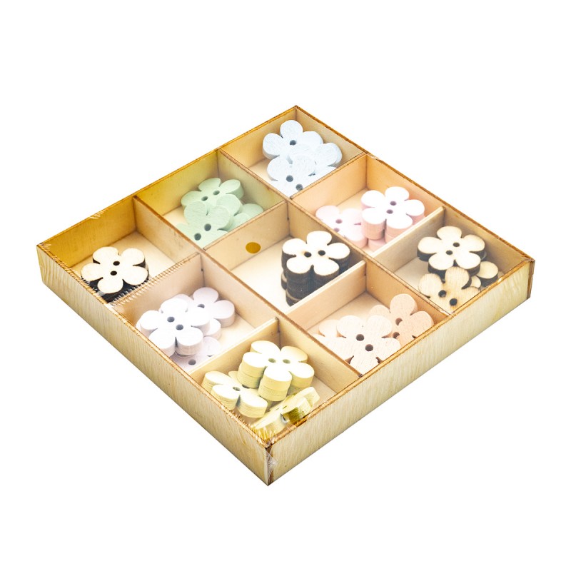 Accesorii creatie - lemn - nasturi floare, diverse culori, cutie 36 buc, Colorarte
