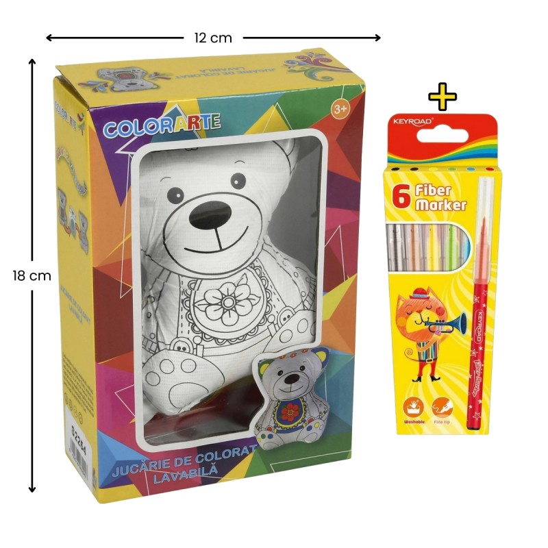 Set Jucarie vatelina pentru colorat lavabila + Carioci Keyroad Washable, 6 culori - 18x12cm - urs, Colorarte