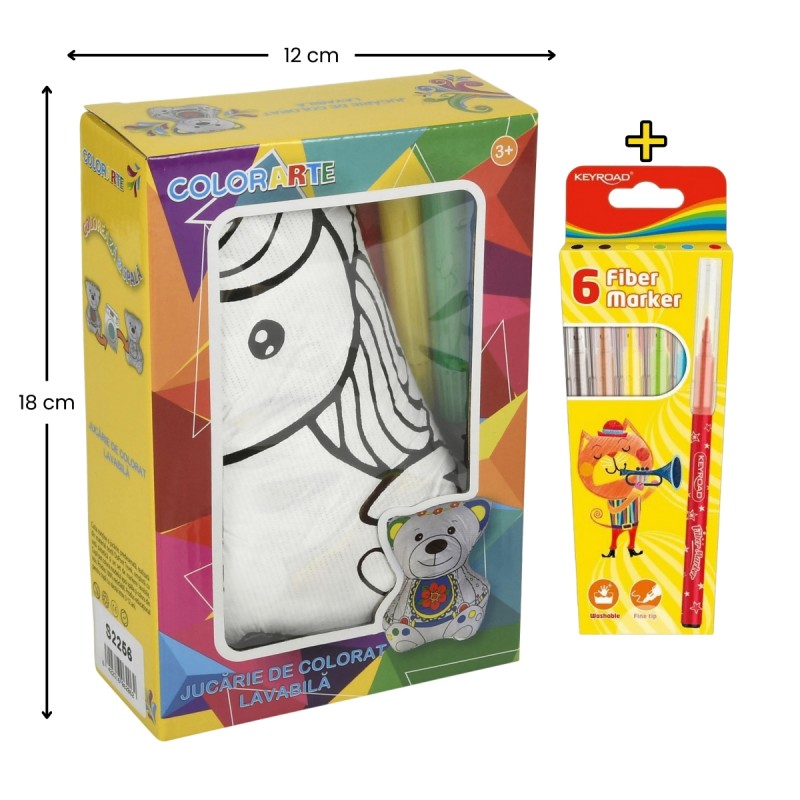 Set Jucarie vatelina pentru colorat lavabila + Carioci Keyroad Washable, 6 culori - 18x12cm - unicorn, Colorarte