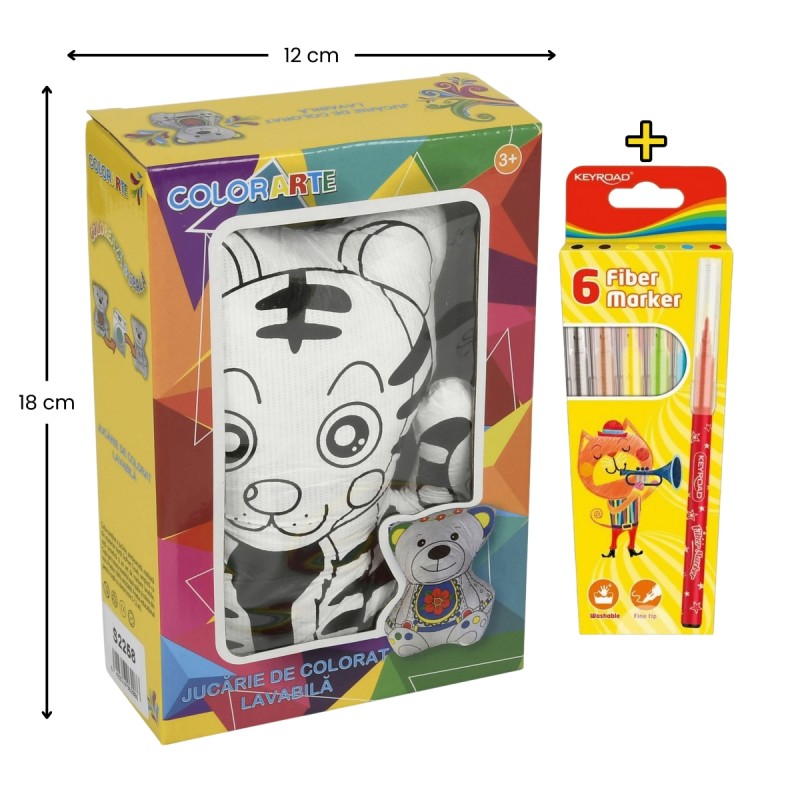 Set Jucarie vatelina pentru colorat lavabila + Carioci Keyroad Washable, 6 culori - 18x12cm - tigru, Colorarte