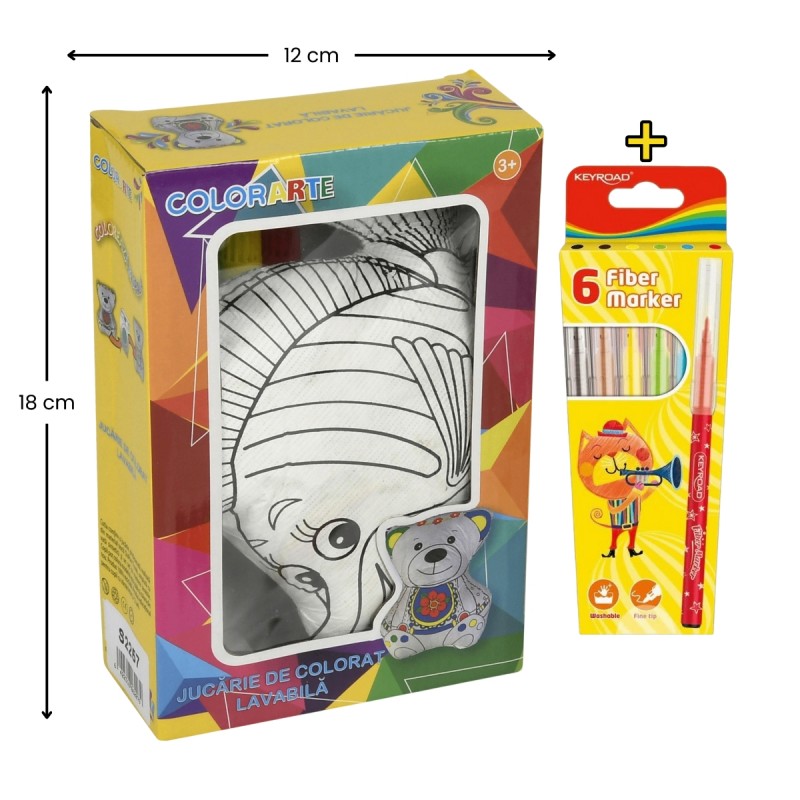 Set Jucarie vatelina pentru colorat lavabila + Carioci Keyroad Washable, 6 culori - 18x12cm - peste, Colorarte