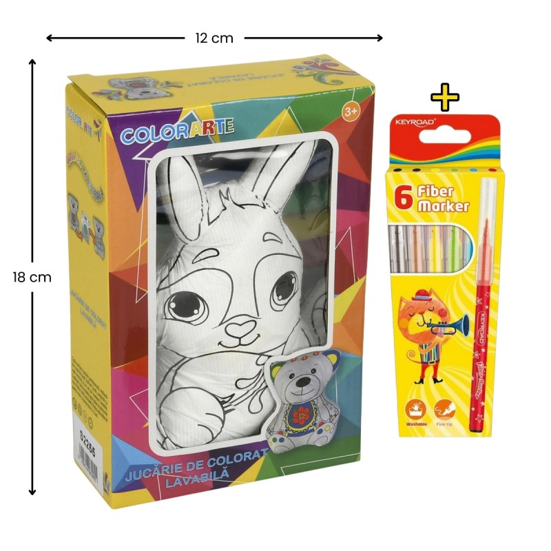 Set Jucarie vatelina pentru colorat lavabila + Carioci Keyroad Washable, 6 culori - 18x12cm - iepure, Colorarte