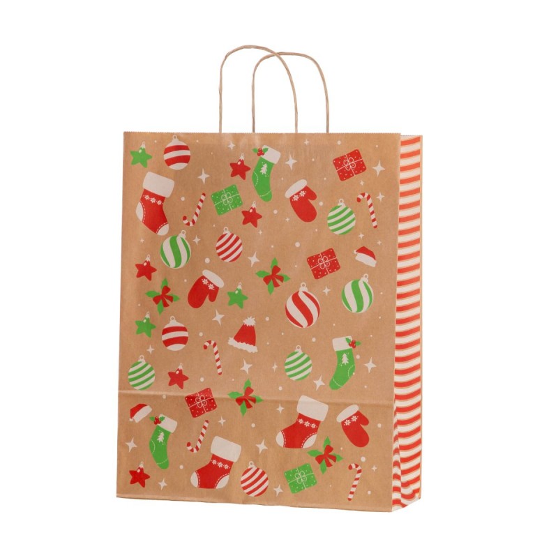 Punga cadou Craciun Colorarte 27672, A3, 26x35x12cm, 100g/mp, kraft, manere din hartie rasucita, motive Craciun globulete