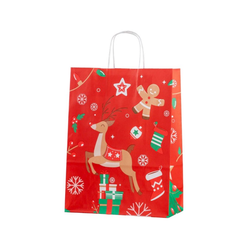 Punga cadou Craciun Colorarte 24257, B4, 26x35x12cm, 90g/mp, rosie, manere din hartie rasucita, motive de Craciun