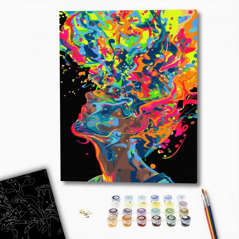 Set pictura pe numere 40x50cm, Brushme - Fata colorata - panza neagra, pensule, culori, BSB0030