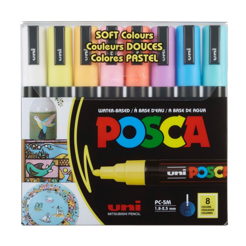 Marker UNI Posca PC-5M, varf rotund, 1.8-2.5mm, set  8 culori pastel
