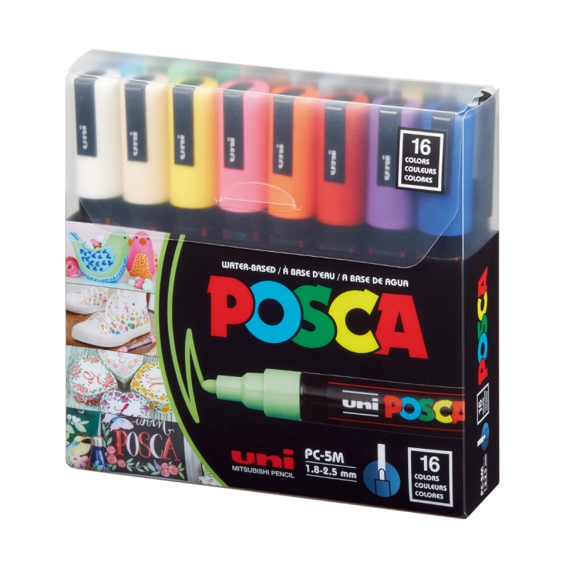 Marker UNI Posca PC-5M, varf rotund, 1.8-2.5mm, set 16 culori