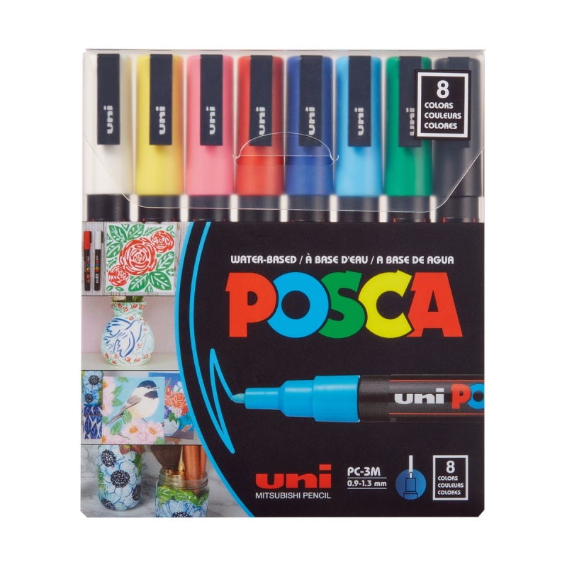 Marker UNI Posca PC-3M, varf rotund, 0.9-1.3mm, set  8 culori
